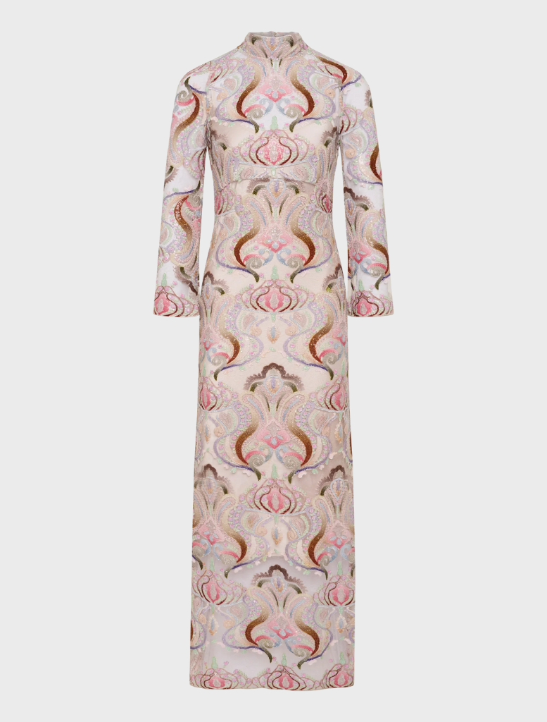 Soft sorbet-nude Paloma Midi dress, featuring a refined design and flowing fabric for an elegant appearance.