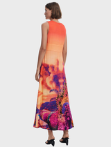 A stylish dress with a bold orange and blue print, ideal for making a statement.