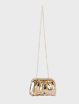 Shiny gold fabric clutch bag with a metallic sheen, designed for a chic and fashionable look at any gathering.
