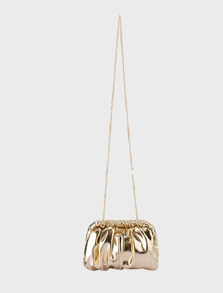 Shiny gold fabric clutch bag with a metallic sheen, designed for a chic and fashionable look at any gathering.