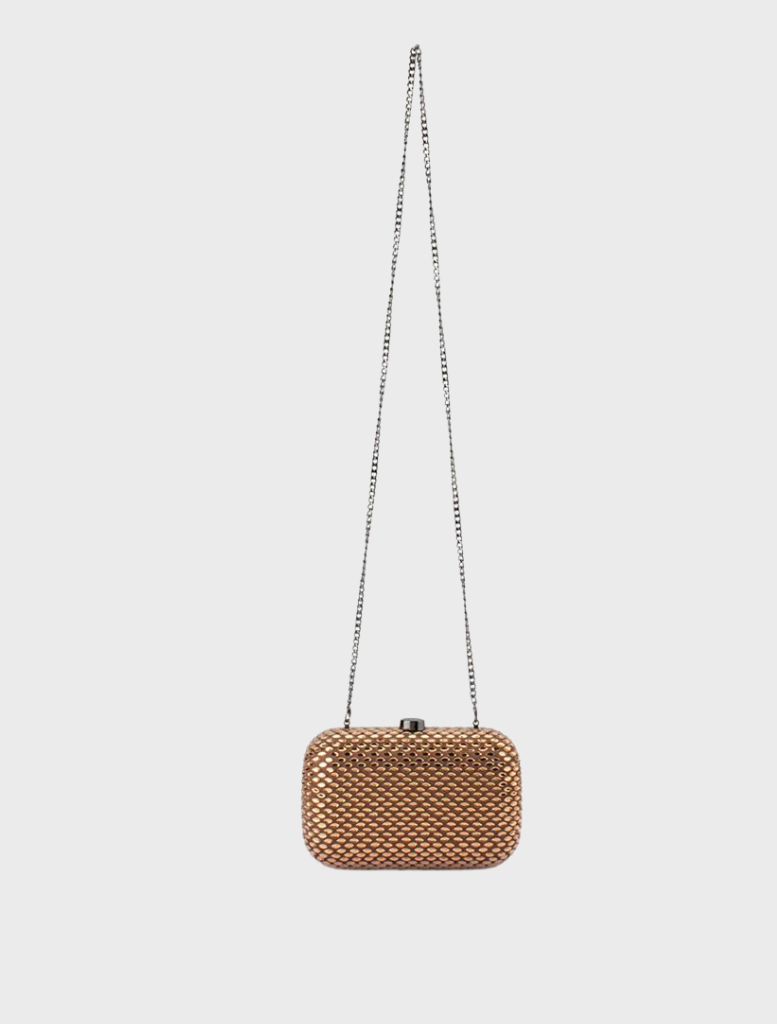 A sophisticated metallic clutch bag with a woven pattern, perfect for complementing evening attire.