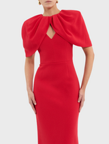 A stylish red dress constructed from stretchy material, offering both comfort and a fitted appearance.