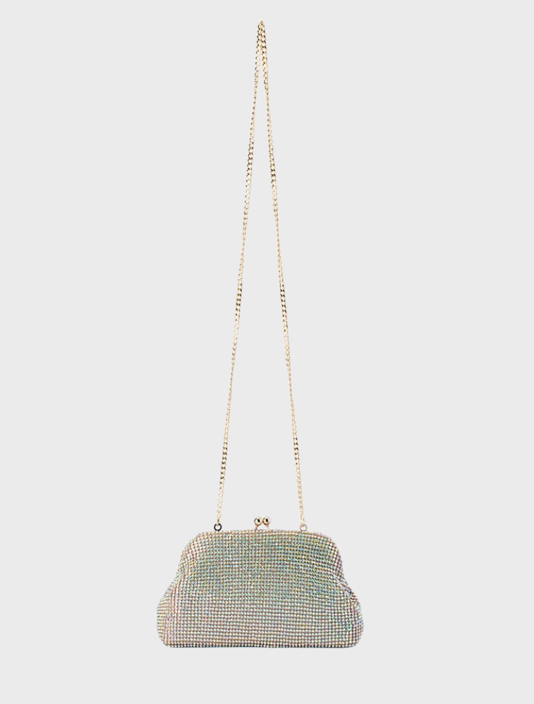 Metallic crystal clutch bag featuring a contemporary design, suitable for formal events.