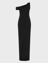 Black Emile gown hanging on a hanger, featuring a sleek silhouette and intricate detailing for a formal look.