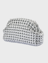 A silver clutch bag featuring an elegant chain design, perfect for formal occasions or evening events.
