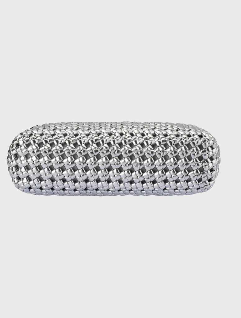 A modern silver clutch bag with a decorative chain design, ideal for enhancing evening looks or special events.