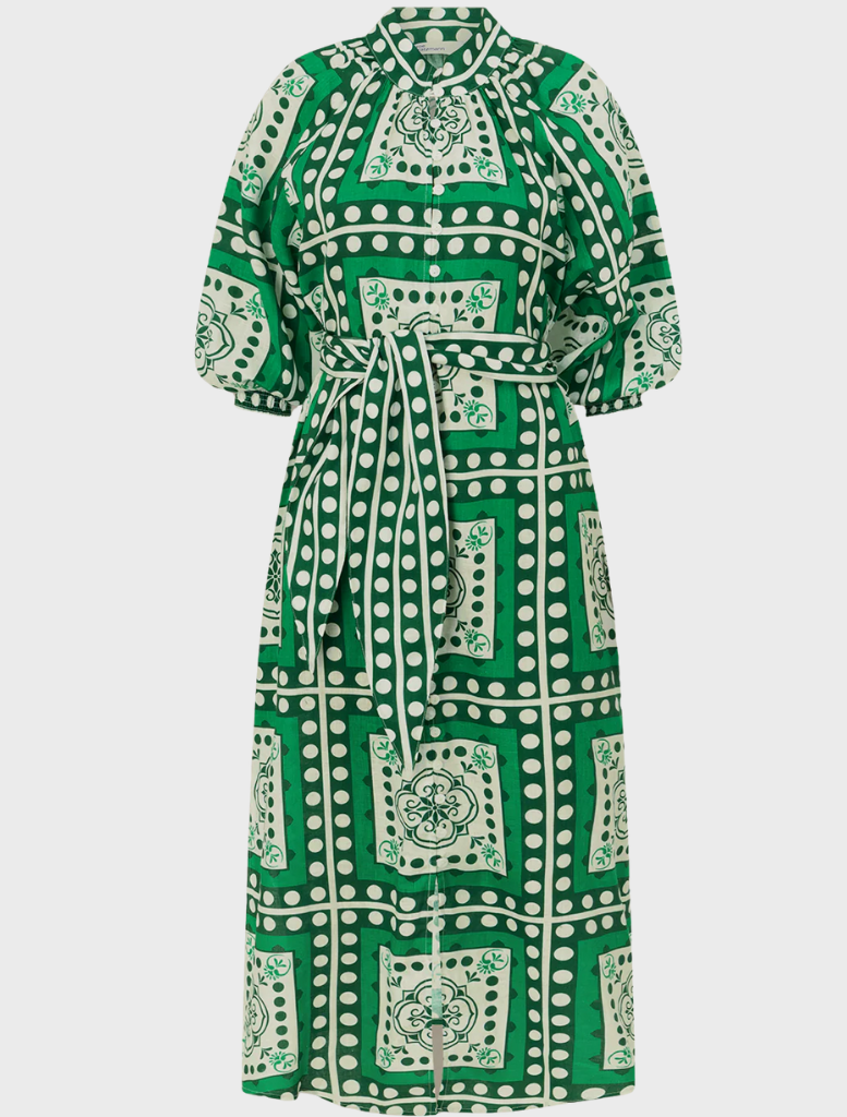 A stylish long sleeve dress with a square pattern in green and white, ideal for various events.