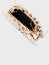 Elegant gold clutch by Hollie, showcasing pleated texture, perfect for evening events.