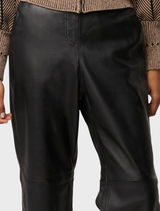 Elegant black straight pants featuring an elasticated waist, crafted from high-quality genuine leather.