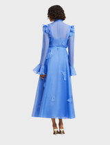 Stylish azure midi dress adorned with butterfly sleeves and beautiful appliqué for a chic appearance.