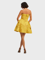 A luxurious mini dress with intricate embellishments on the bustier, perfect for a glamorous evening out.