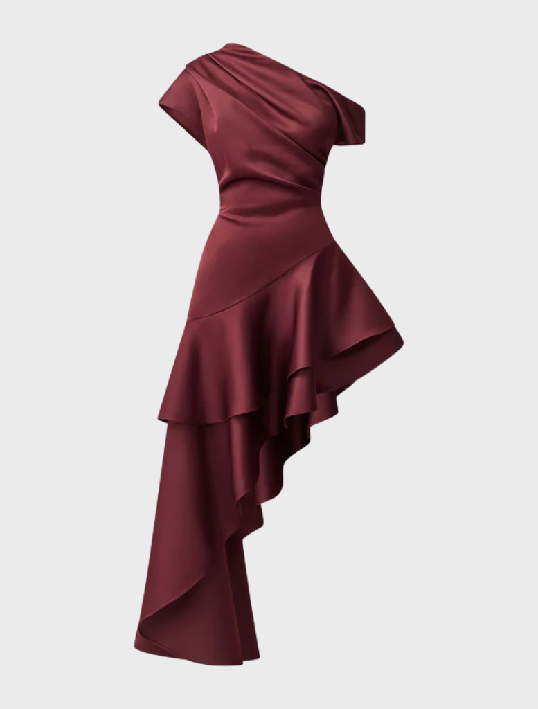 Satin burgundy dress with an asymmetric hem, combining sophistication and modern style in its design.