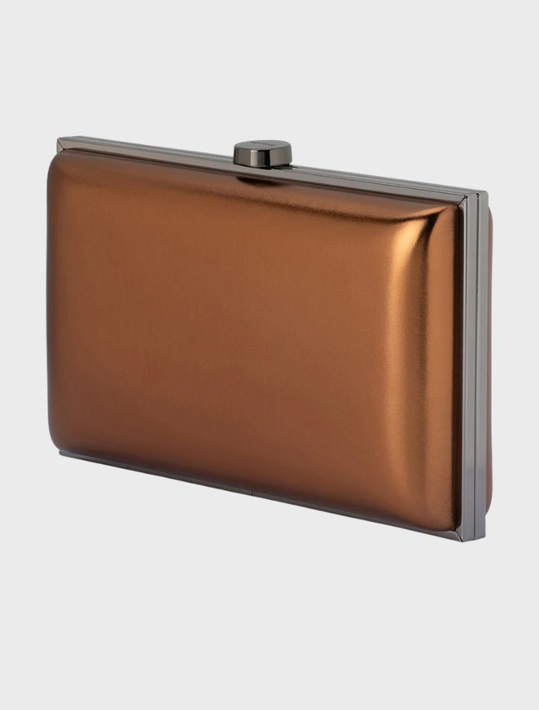 Modern clutch bag in shiny metal, exhibiting a sleek design with a polished, reflective finish.