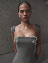 Smoke-colored Malia gown showcasing a graceful design, perfect for formal occasions and evening events.