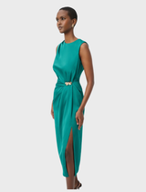 Recycled satin sheath dress in opulent green, sleeveless with scoop neck, pleats, side slit, and back zipper for ease.