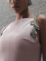 Oryx Column Gown in rosewater, showcasing a refined, form-fitting style ideal for formal occasions.
