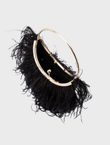 Penny Feathered Frame Bag in black, featuring a textured feather design and a gold ring for a chic look.