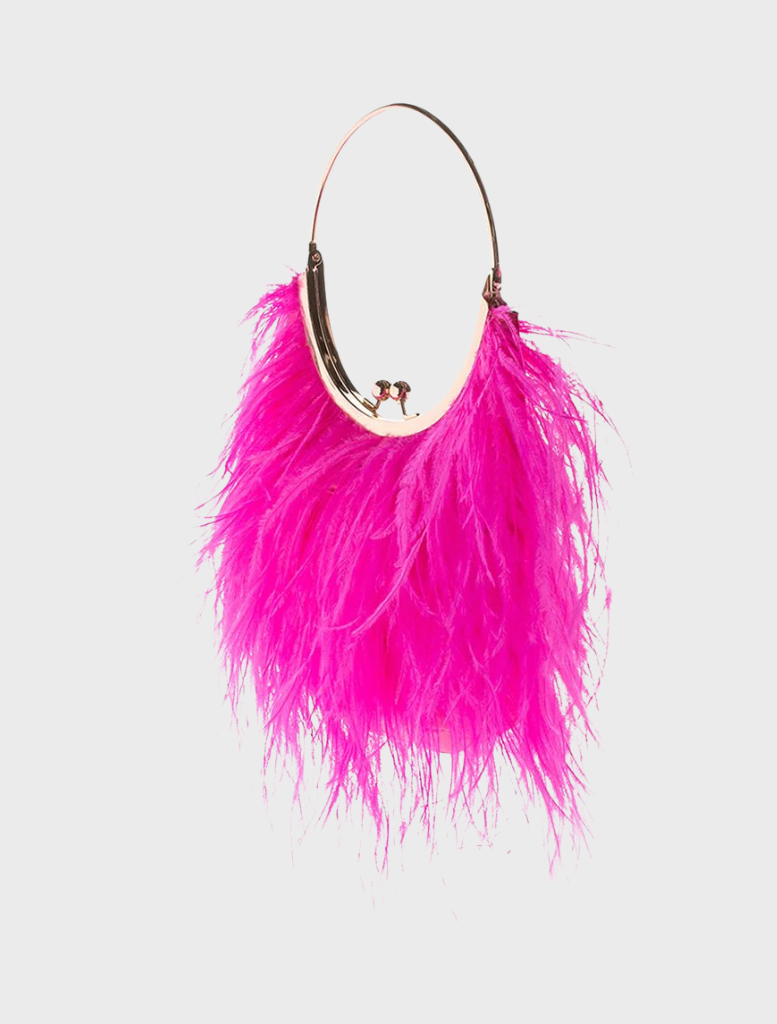 A fashionable pink feather purse with a metal ring, combining texture and elegance in its design.