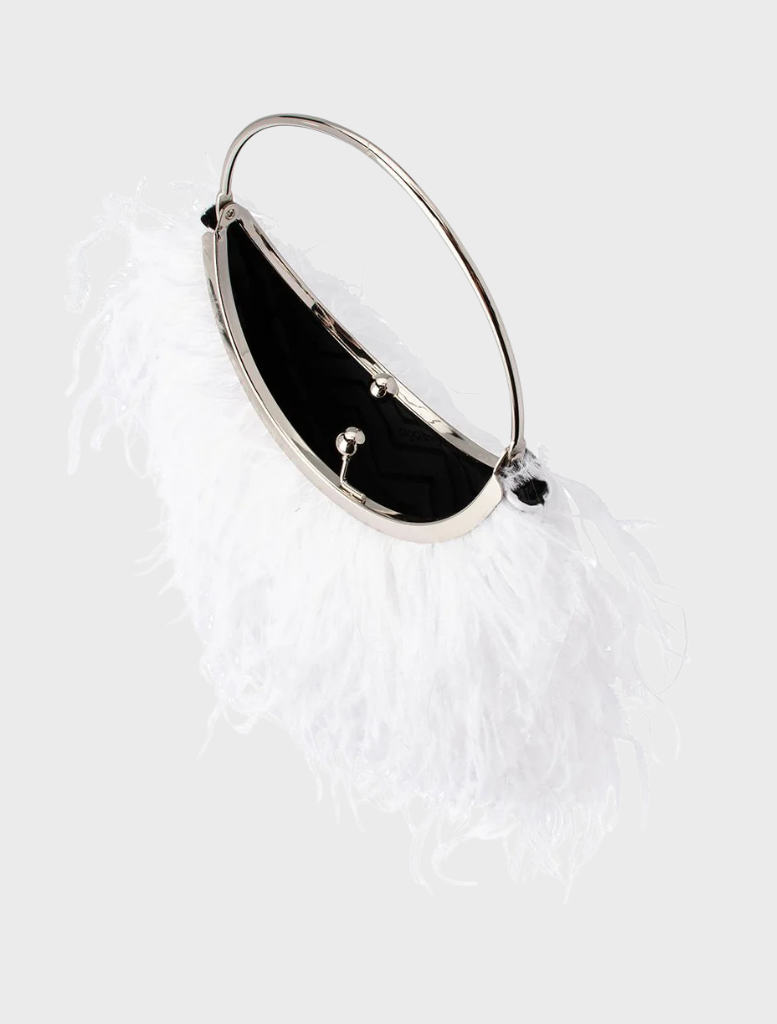 Penny Feathered Frame Bag: a white feather purse featuring a distinctive metal ring for a chic and modern look.