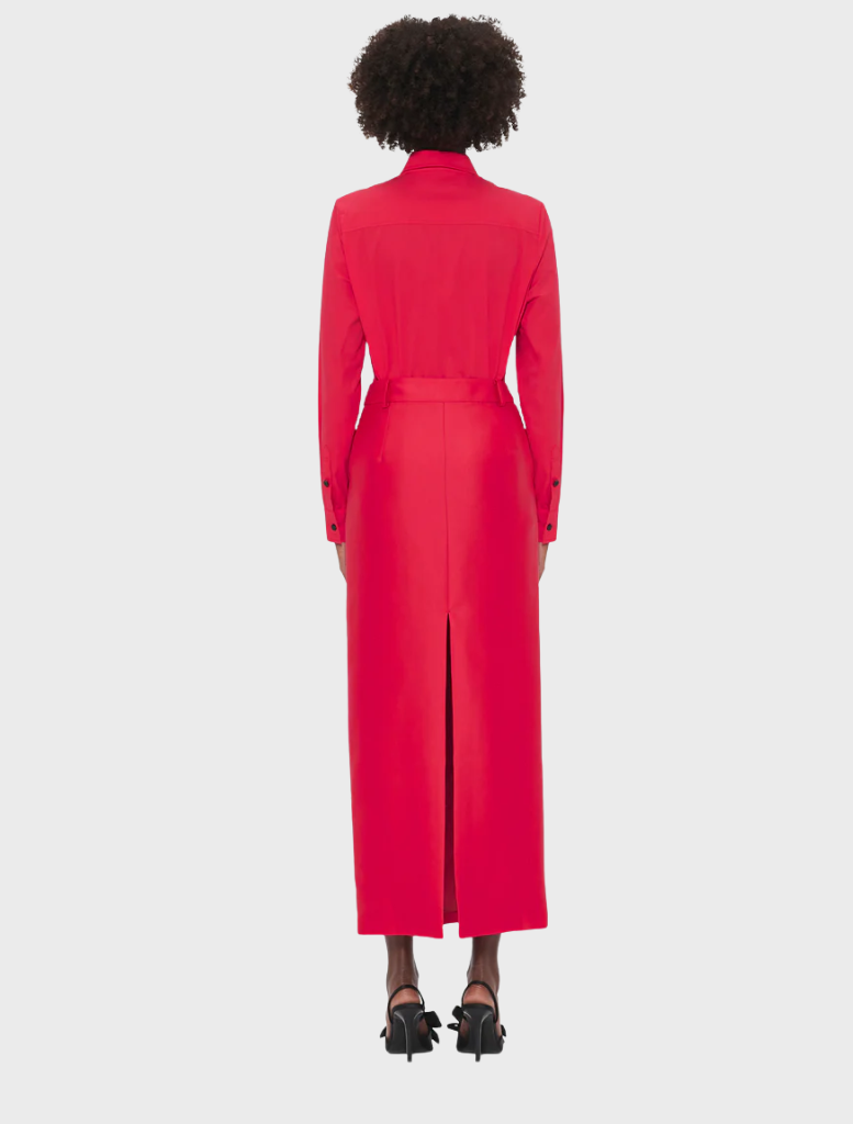  Back view of a woman in a flowing red dress, showcasing its elegant design and vibrant color.