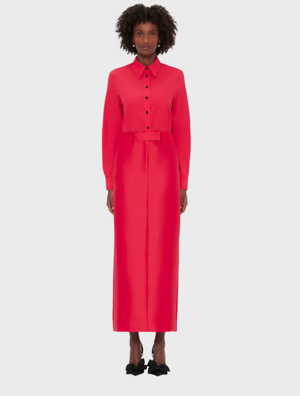 Long red dress with front buttons, showcasing a classic and elegant design.