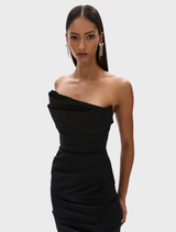 Stylish black strapless gown with a modern design, suitable for upscale events and gatherings.