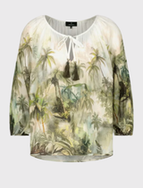 Summer-ready olive blouse with a tropical print, featuring a round neckline and ¾ sleeves, crafted from 100% viscose.