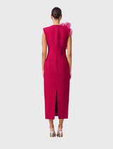 Stylish raspberry pink V-neck maxi dress with floral appliqués, figure-skimming fit, floor-length hem, and back split for comfort.