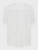 Elegant white linen blouse from Veri, highlighting its soft texture and classic silhouette on a hanger.