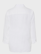 A white linen shirt by Vicki, featuring a relaxed fit and classic collar, presented on a hanger.