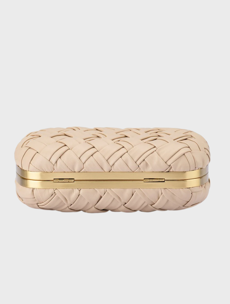 Beige woven leather clutch bag labeled Haven Woven Clutch Natural.
