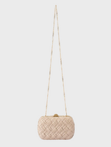 Natural beige leather clutch bag with a woven design named Haven Woven Clutch.