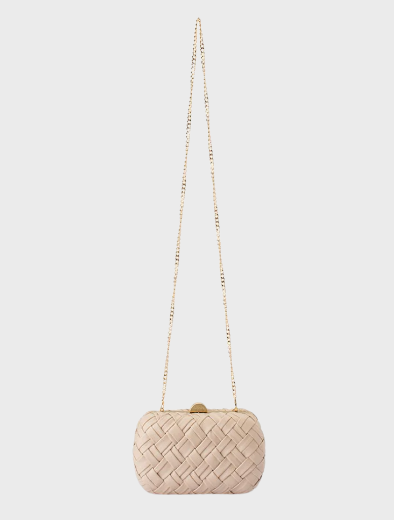 Natural beige leather clutch bag with a woven design named Haven Woven Clutch.