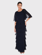 Frank Lyman midnight maxi dress featuring a fit and flare silhouette, ruffled details, and flutter sleeves for elegance.