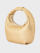 Gold woven hobo bag made from intricately woven fabric, showcasing a stylish and elegant design.