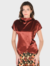 Dark red satin woven top displayed on a hanger, showcasing its smooth texture and elegant design