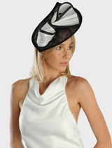 Elegant black and white Xanthia fascinator featuring intricate detailing, perfect for formal occasions or special events.