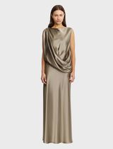 Yaluma Maxi Dress in Walnut, featuring a sculptural silhouette and woven satin, ideal for formal and evening occasions.