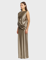 Walnut Yaluma Maxi Dress with a fluid design, invisible zip, and refined finish, perfect for modern evening events.