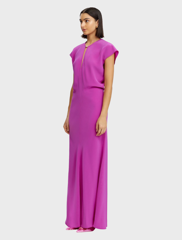 Amethyst Yarrow Maxi Dress, showcasing a long, elegant design ideal for various events, with a rich purple hue.