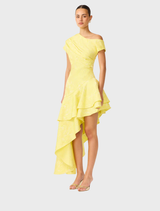 Stylish yellow one-shoulder gown adorned with ruffles, showcasing a chic and modern silhouette.
