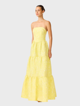 Strapless yellow gown with a fitted design and a graceful skirt, ideal for evening wear or formal gatherings.