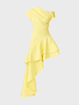 Stylish yellow gown with a single shoulder and ruffle detailing, ideal for evening events.