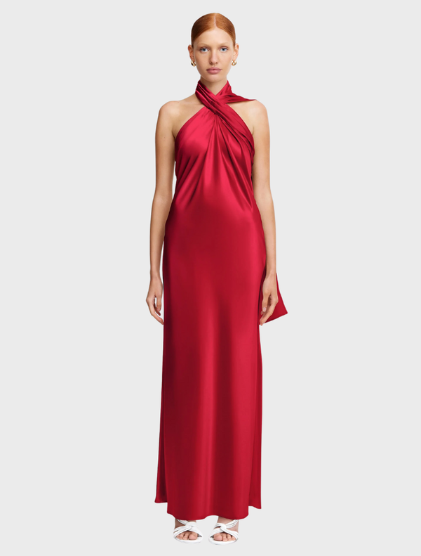 Yewgreen maxi dress in crimson, featuring a flowing silhouette and elegant design, perfect for formal or casual occasions.
