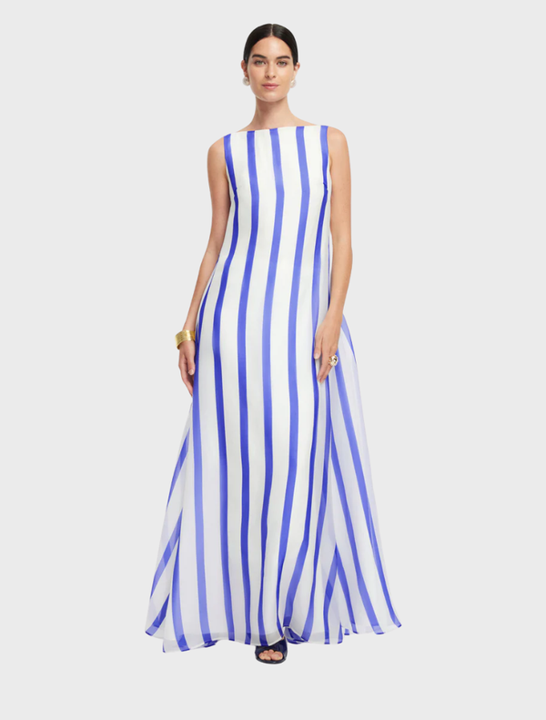 Elegant navy gown with stripes and an open back, designed by Yumei for a sophisticated look.