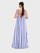 Striped navy gown with an open back by Yumei, ideal for formal wear and special occasions.