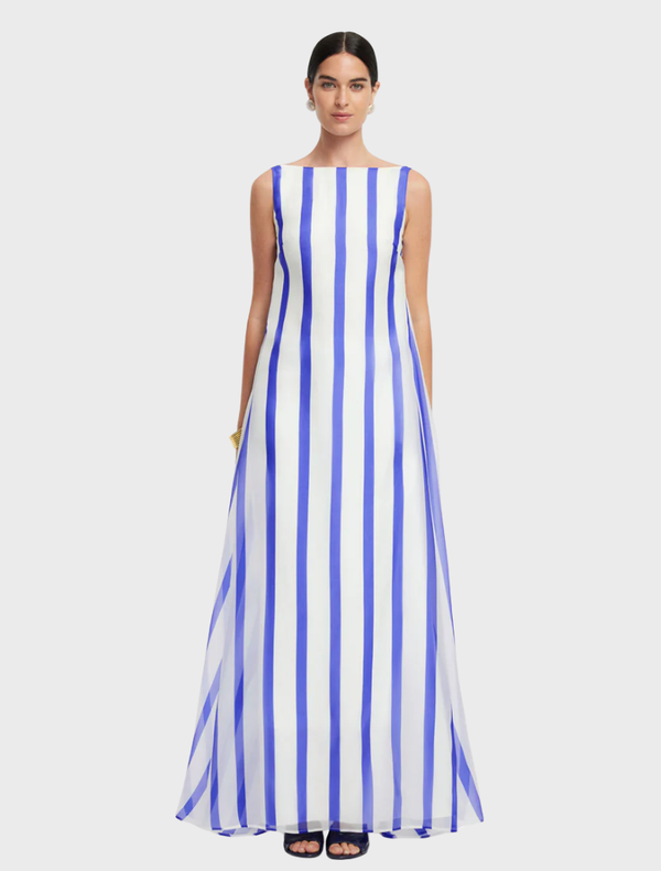 Navy striped open back gown by Yumei, featuring a stylish design suitable for formal occasions.