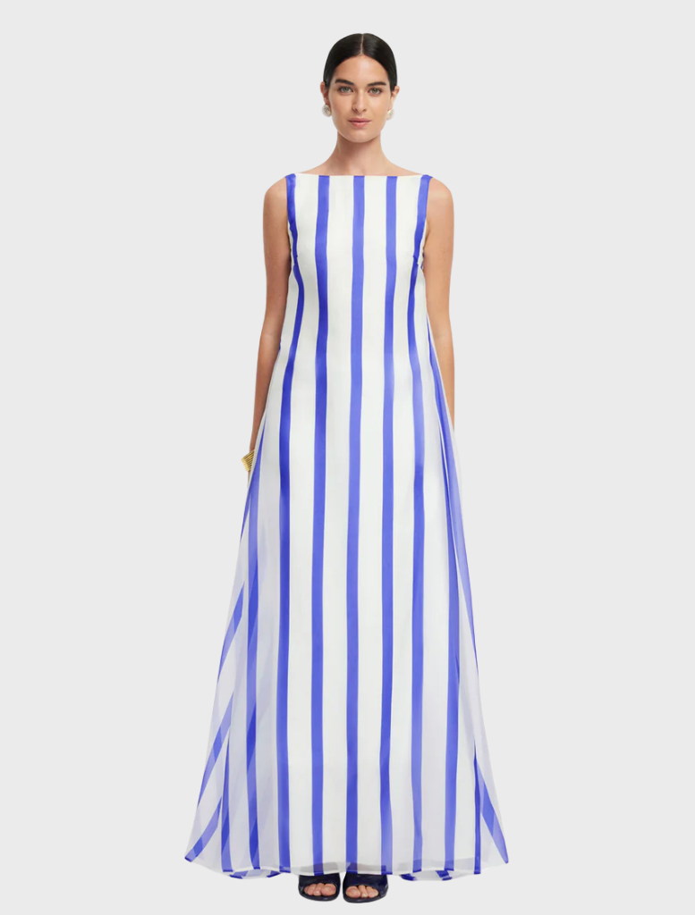 Navy striped open back gown by Yumei, featuring a stylish design suitable for formal occasions.