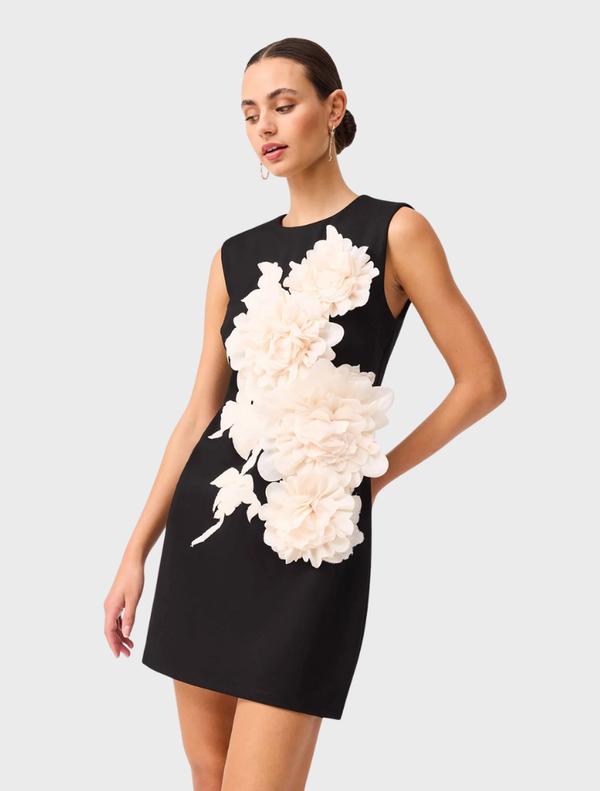 Elegant black Zahara Shift Mini Dress with a modern cut, perfect for casual or formal occasions.