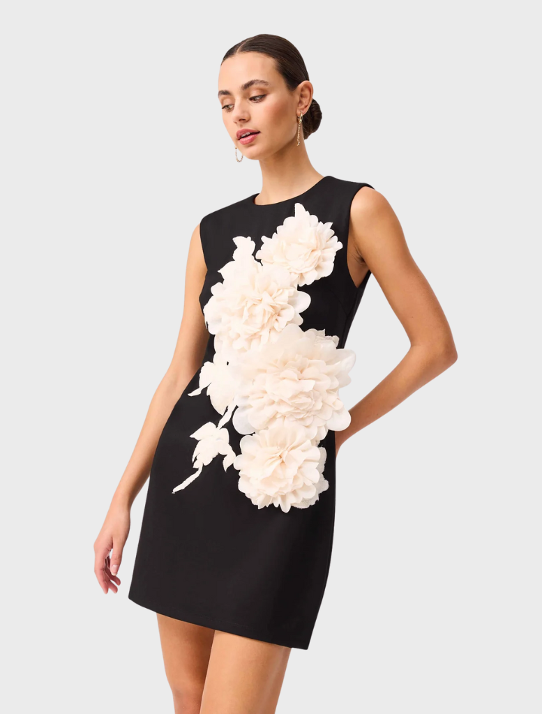 Elegant black Zahara Shift Mini Dress with a modern cut, perfect for casual or formal occasions.